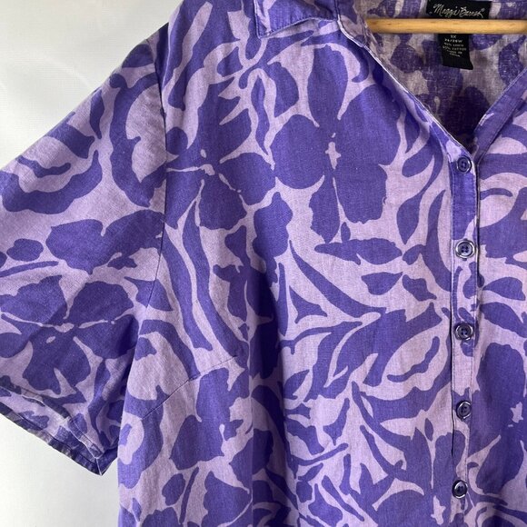 Maggie Barnes Womens Linen Button Up Shirt Size 3X Purple Floral Short Sleeve - Picture 4 of 8